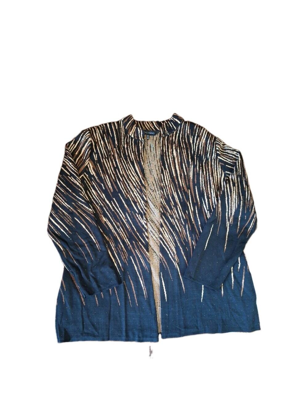 Ming Wang Metallic Gold Black Abstract Knit Jacket Cardigan Open Front Topper XL